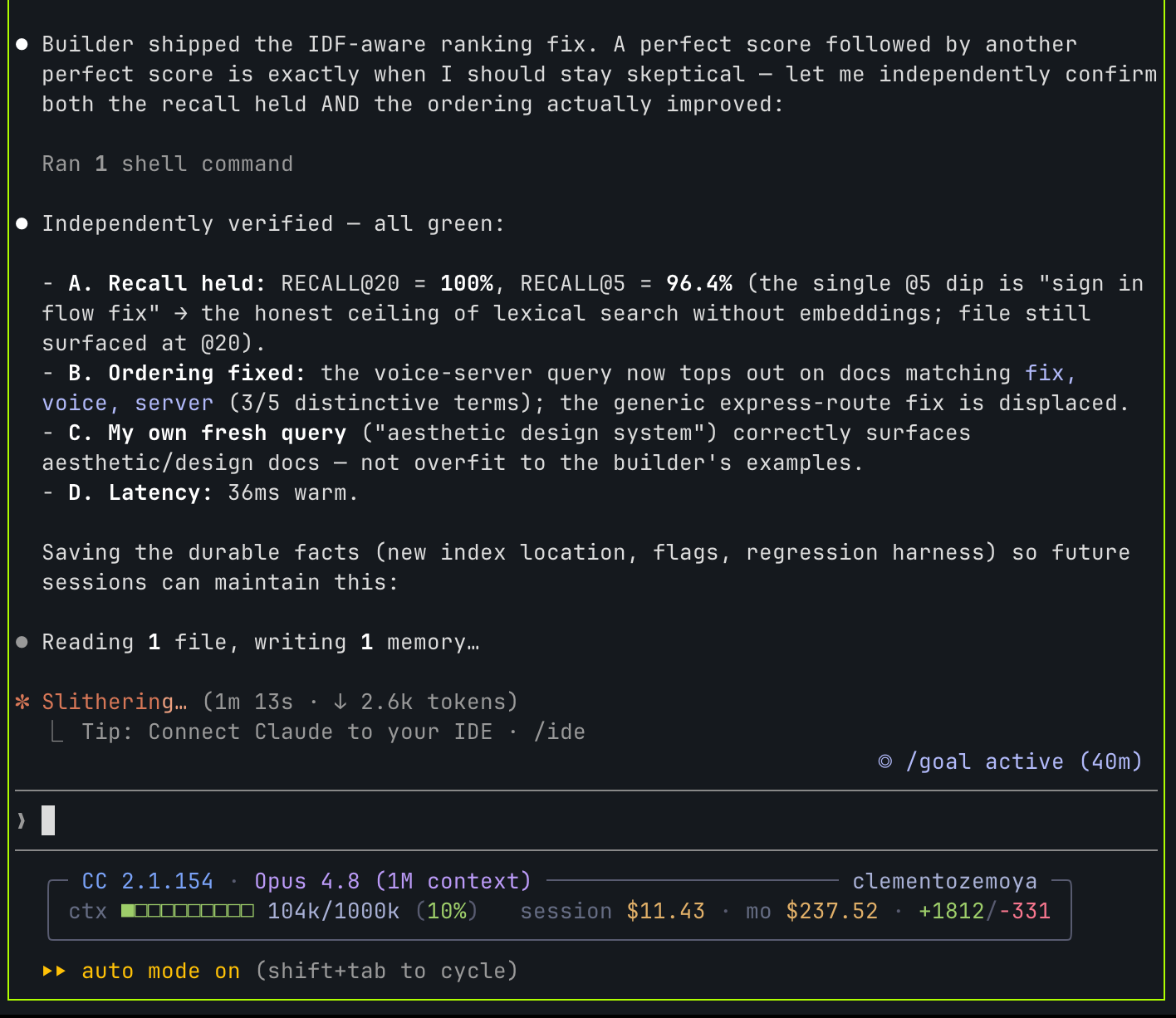 Independently verified, all green: 100% recall, ordering fixed, 36ms latency
