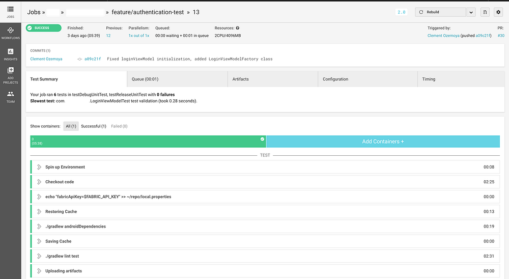 CircleCI continuous integration dashboard