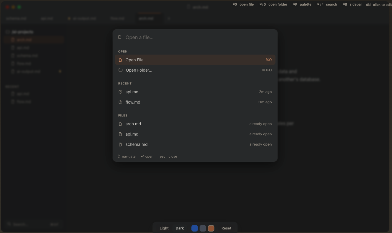 Galley’s command palette listing recent files and files already open, reached with Command K from anywhere