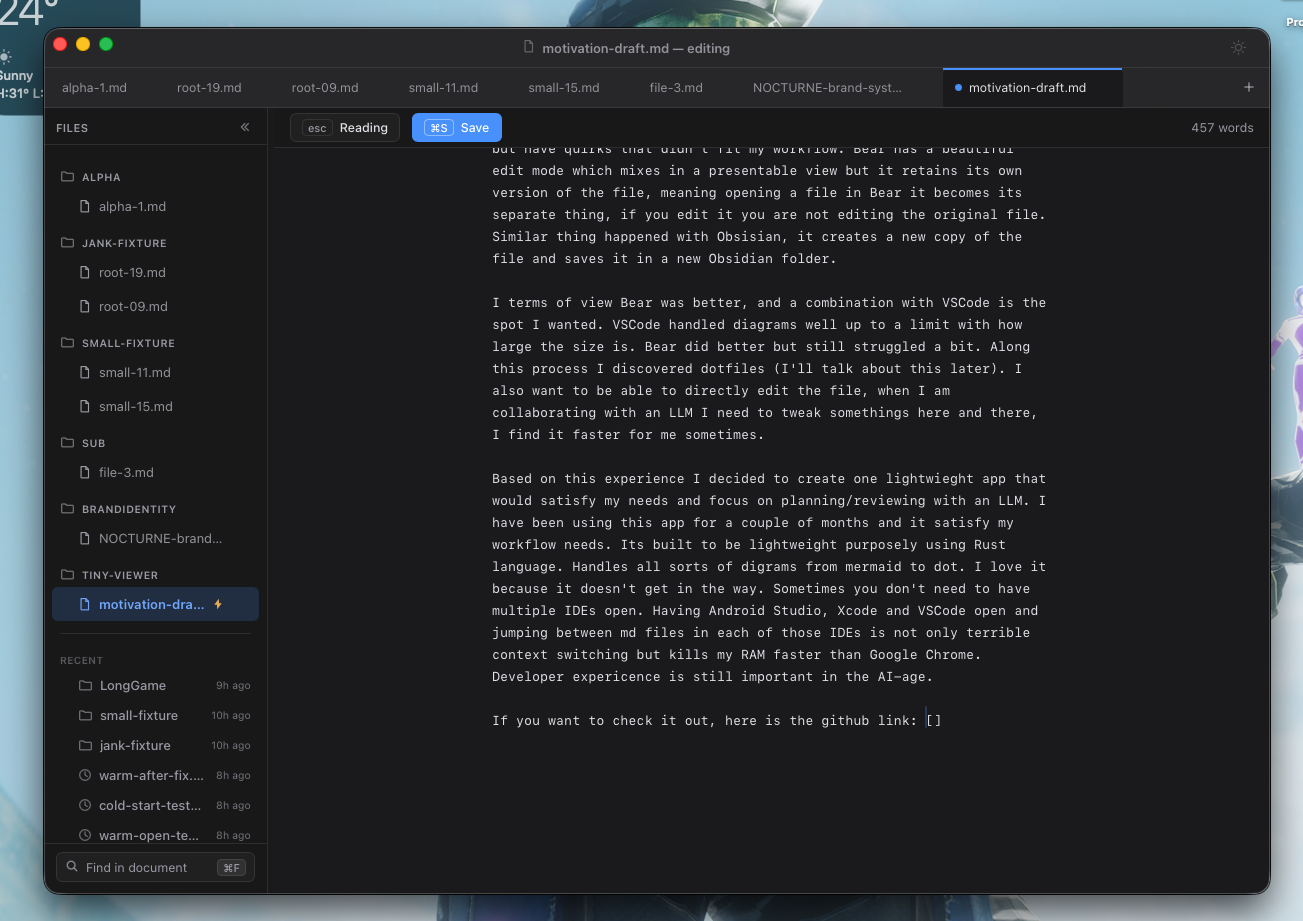 Galley in edit mode on the raw markdown of this post’s first draft, with esc to return to reading and Command S to save