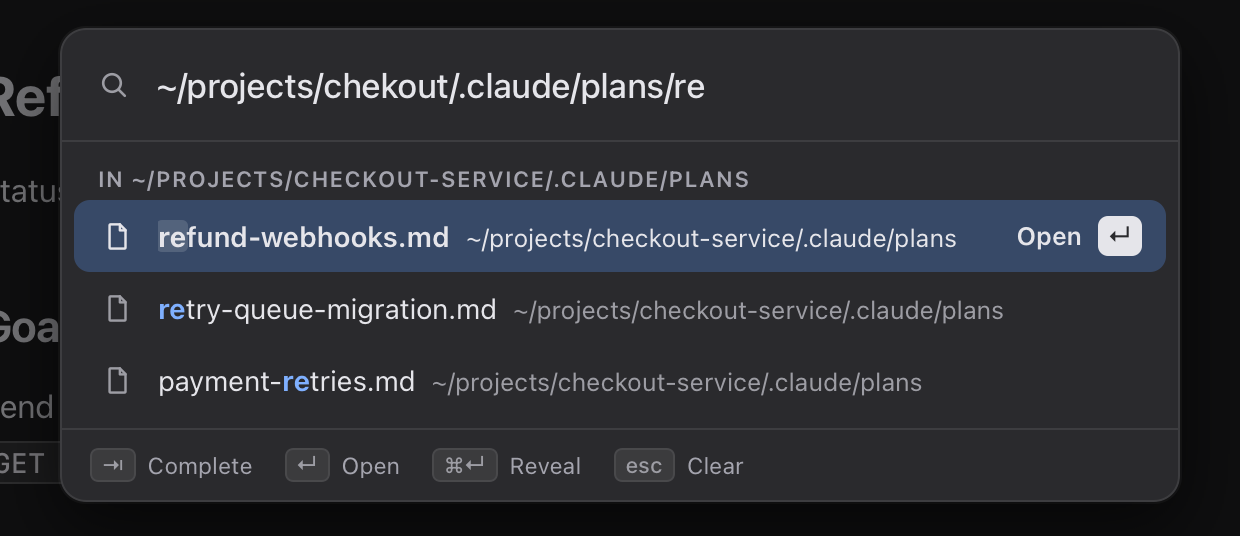 Galley&rsquo;s Open Path mode: a partly typed path with a misspelled folder name still lists the three plan files in the right folder