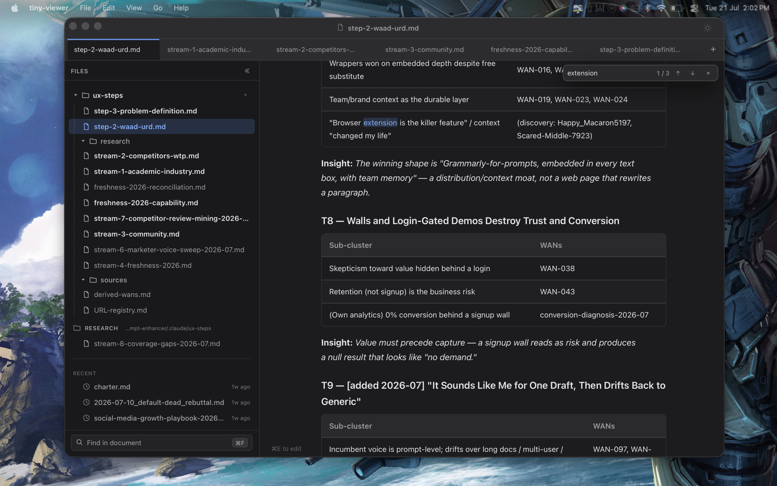 Galley in reading mode: a research document rendered with tables and headings, opened straight from its folder in the repo, with find in document open
