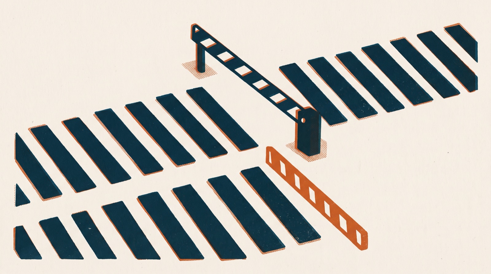 Isometric illustration of a boom gate standing across a crosswalk, one arm raised in dark navy and a second arm lowered in orange
